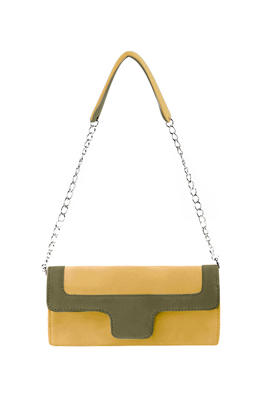 Mustard yellow and khaki green women's dress clutch, for weddings, ceremonies, cocktails and parties. Top view - Florence KOOIJMAN